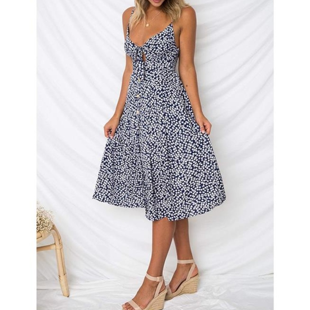BEACH BUTTON DOWN TIE FRONT SWING MIDI DRESS